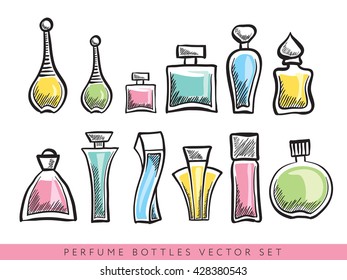 Freehand drawing - set of different perfume bottles - vector eps 10, editable illustration. 