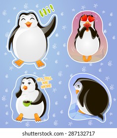 Freehand drawing set emotions stickers penguin: "greeting", "in love", "skeptical", "resentful".