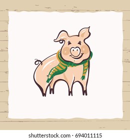 Freehand drawing silhouette pig in green scarf for concept template banner, poster, logo. Sketch style vector illustration.