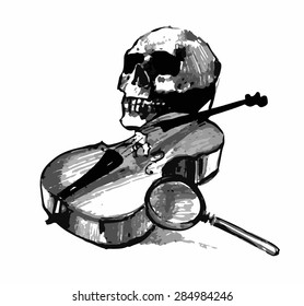 Freehand drawing, sketch, skull, violin, magnifier