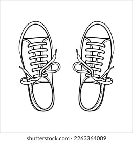 Freehand drawing of sneakers, gym shoes, top view. Sketch classic shoes. Black color icon. Vector illustration isolated on white background. 