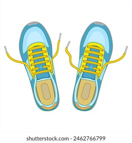 Freehand drawing of sneakers, gym shoes.  Sneakers top view - sport shoes for running fitness. Fashion sneakers blue and yellow. Sketch classic shoes. Vector illustration isolated on white background.