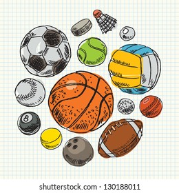 Freehand drawing sport balls. Vector illustration. Set