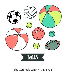 Freehand drawing sport balls. Vector illustration. Set of sports design elements