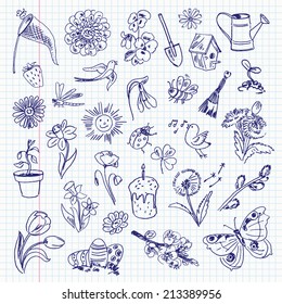 Freehand drawing spring items on a sheet of exercise book. Vector illustration. Set