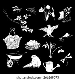 Freehand drawing spring items on a black background. Vector illustration. Set.

