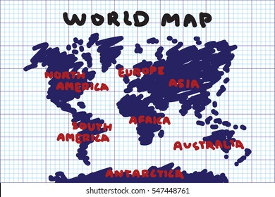Freehand drawing style of world map and continent on grid paper .