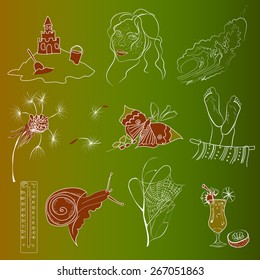 Freehand drawing summer clothes on a colored background. Vector illustration. Set.