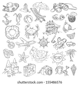 Freehand Drawing Summer Vacation On A Sheet Of Exercise Book. Vector Illustration. Set