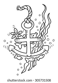 Freehand drawing of sunken anchor. Outline drawing good for coloring books