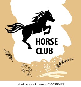 Freehand drawing template design logo, banner, poster for hobby club with riding training horse Sketch vector illustration jump horse on light background