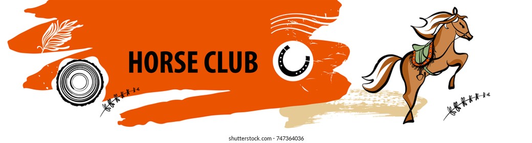 Freehand drawing template design logo, banner, poster for hobby club with riding training horse Sketch vector illustration jump horse on light background