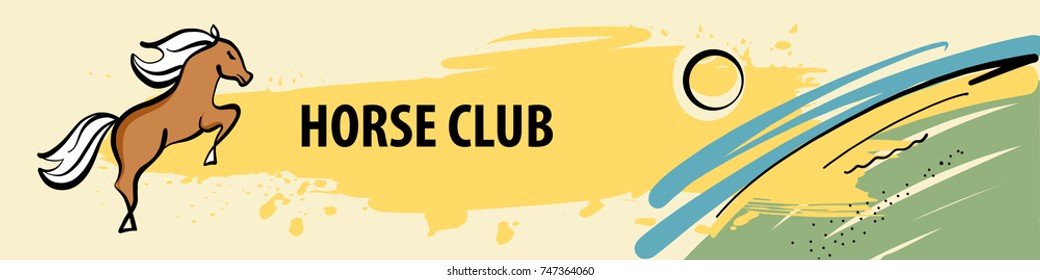 Freehand drawing template design logo, banner, poster for hobby club with riding training horse Sketch vector illustration jump horse on light background