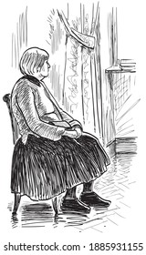 Freehand drawing of tired senior woman sitting on chair and looking at window