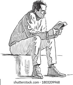 Freehand drawing of townsman sitting and reading book outdoors