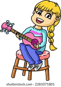 Freehand drawing transparent background vector file depicting a girl practicing to play acoustic guitar.