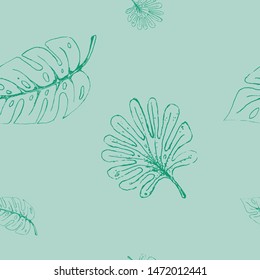 Freehand drawing tropical leaf pattern. Pencil sketch of leaves dark green on pale green. EPS8 vector illustration