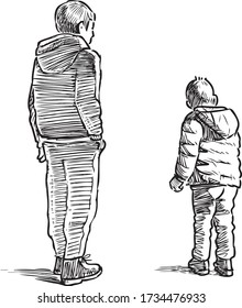 Freehand drawing of two little boys standing and talking outdoors