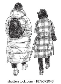 Freehand drawing of two townswomen walking outdoors