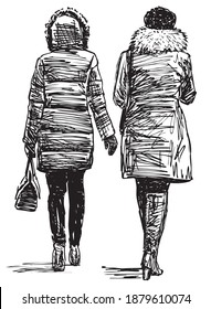 Freehand drawing of two young city woman walking together along street