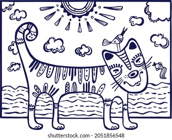 Freehand drawing vector abstract 
funny cat. Outline imagination graphic arts on a transparent background. Fantasy ornamental. Children's  template pattern eps  image for card, poster, textile print 