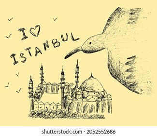 Freehand drawing vector abstract line sketch of Turkey. Outline panorama image of Sultan Ahmed Mosque in Istanbul. Seagull. Vintage graphic art  eps template pattern for tourism card,
textile print