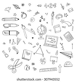 Freehand drawing Vector of Back to School supplies. School supplies learning equipment and different school supplies colorful office accessories. Back to school school supplies in school bag big set