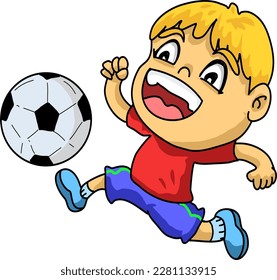 Freehand drawing, vector file, transparent background showing boy character playing soccer.