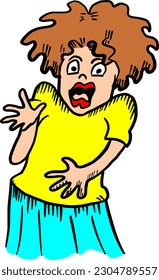 Freehand drawing, vector file, transparent background showing frightened young woman character.