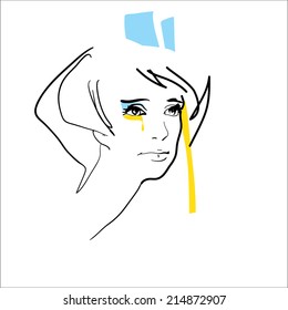 freehand drawing vector, suffering from Ukraine, Ukrainian tears, Ukrainian woman with a tear