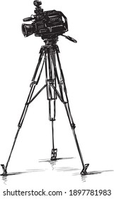 Freehand drawing of a videocamera on tripod for professional shooting
