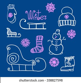 Freehand drawing Winter holiday. Vector illustration. Set