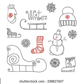 Freehand drawing Winter holiday. Vector illustration. Set