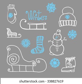 Freehand drawing Winter holiday. Vector illustration. Set