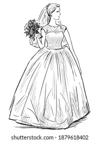 Freehand drawing of young happy bride with bouquet