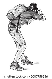 Freehand drawing of young photographer taking picture on his camera