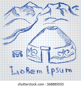 Freehand Drawing Yurt and mountains sketch vector illustration