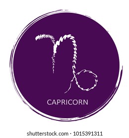 Freehand drawing zodiac sign Capricorn isolated on ultra violet background. Astrology icon. Design element for flyers or greeting cards. Grunge style.