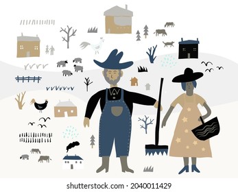 Freehand drawing,Male and female farmers working on the farm ,vector pattern background