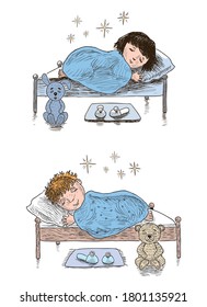 Freehand drawings of little kids sleeping in their beds