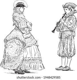 Freehand drawings of musician playing flute for lady in historical costumes of 18 century