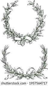 Freehand drawings of triumphal laurel branches with ribbons