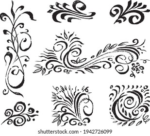 Freehand drawings of various decorative floral vintage design elements