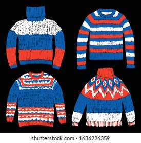 Freehand drawings of wool knitted sweaters for cold weather