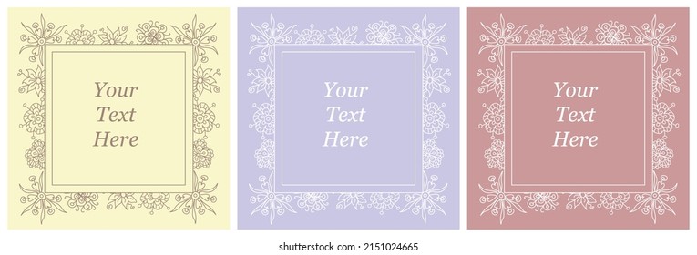 Freehand drawn abstract doodle flowers in a square shape in one line on a pink, beige and purple background suitable for greetings, invitations, social media, holidays, print.