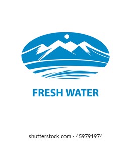 Freehand drawn abstract illustration with blue mountain and moon on white background. Vector logo for fresh mineral water business company.