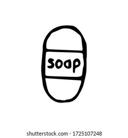 Freehand drawn black line soap on a white isolated background. Vector doodle illustration of soap. Bath accessories for hygiene. The word soap sketches.