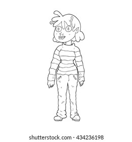 freehand drawn black and white cartoon casual alien girl