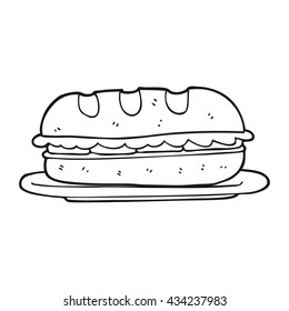freehand drawn black and white cartoon sub sandwich