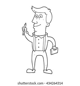 freehand drawn black and white cartoon man with notebook and pen